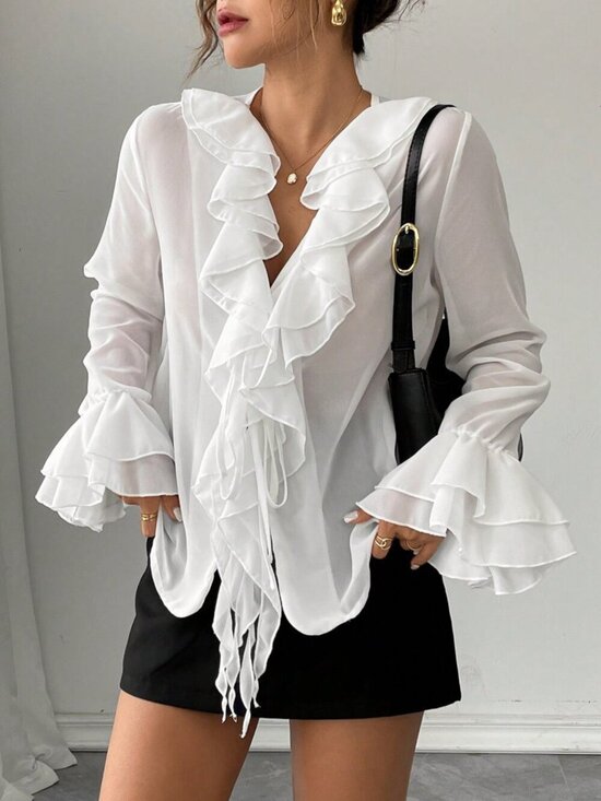 MODA ME COUTURE Tops - White Casual Women's Babydoll Ruffle V-Neck Long Sleeve Shirt with Tie-Up Detail